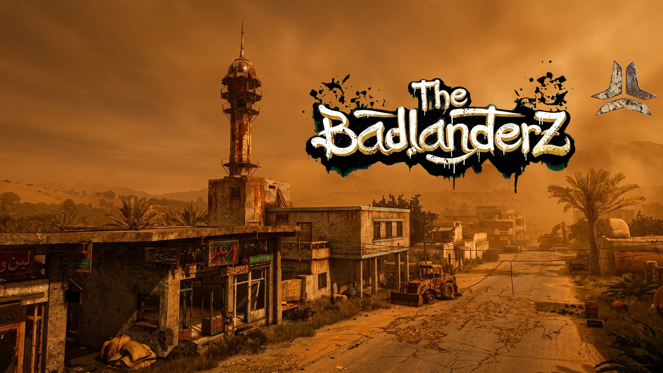 A survivor overlooking a fortified industrial settlement in the Badlands
