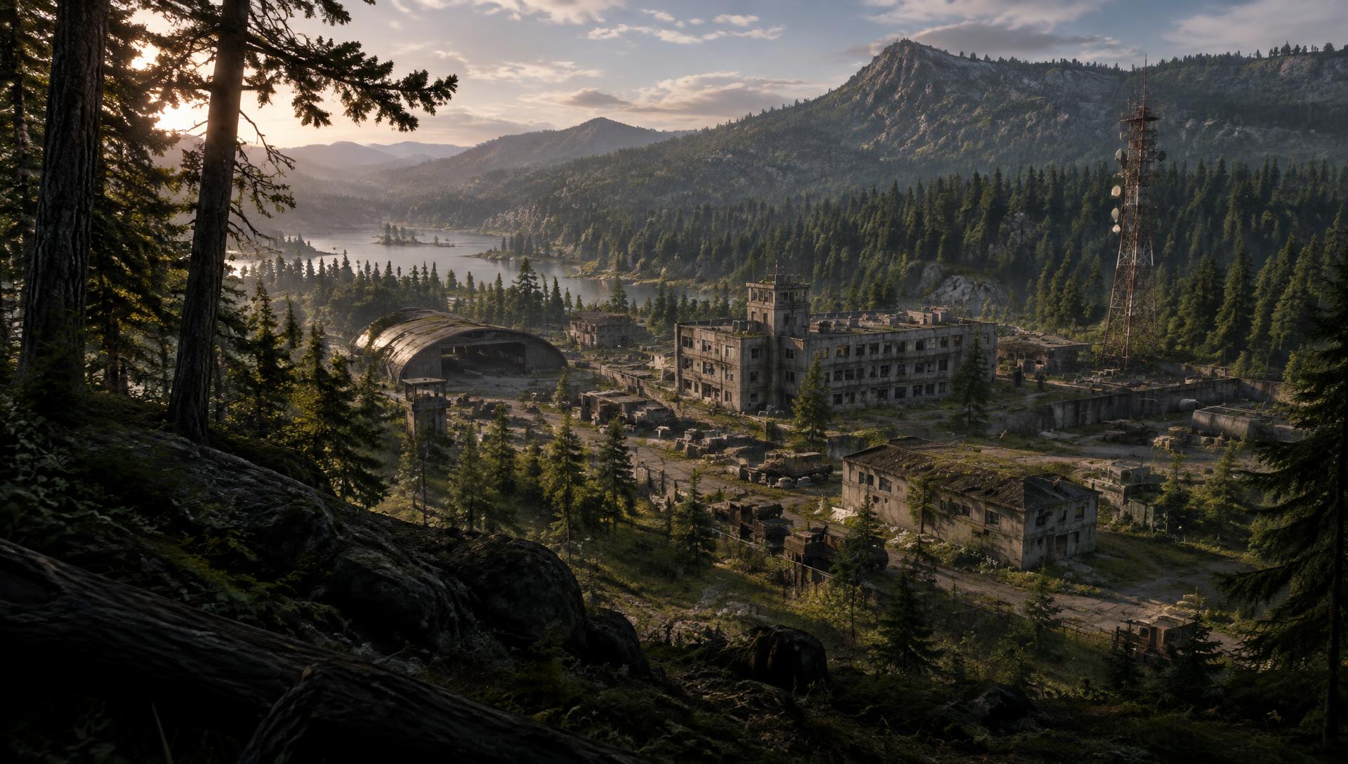 Lush mountain valley surrounding an abandoned industrial complex